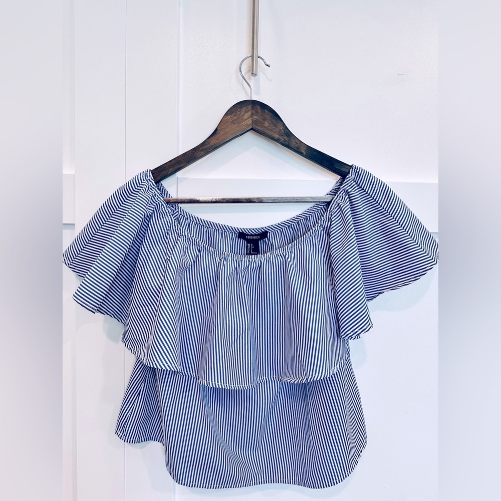 Blue and white off the shoulder satiny top